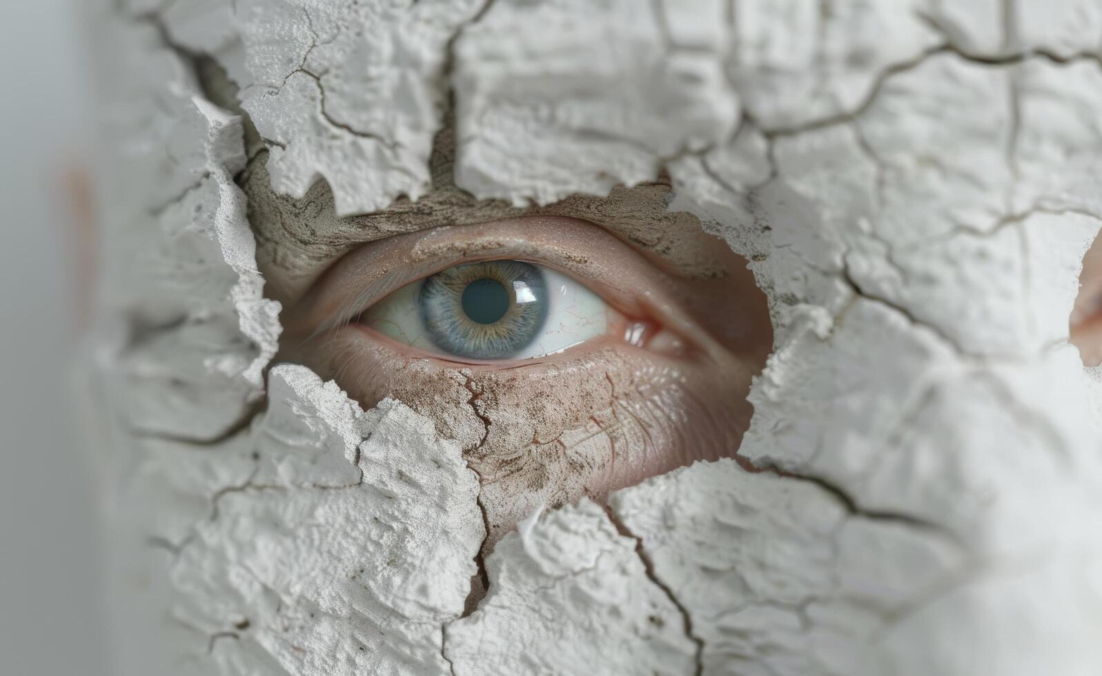 Mysterious eye peeking through cracked concrete surface photo