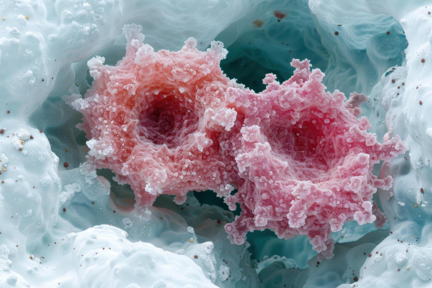 Intricate pink crystal formations in icy water photo
