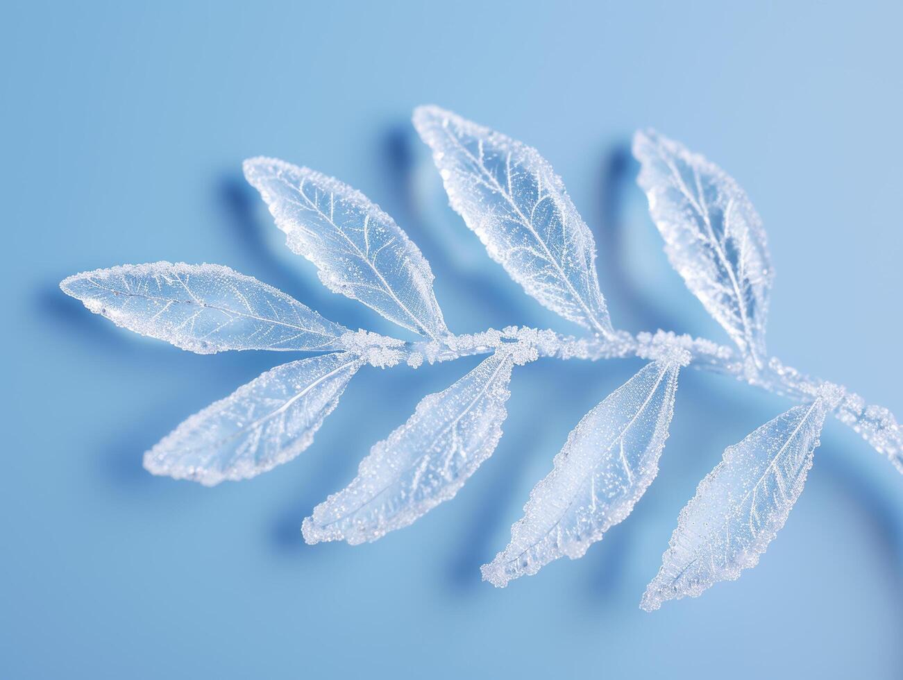 Delicate Frost Covered Leaves on a Blue Background photo