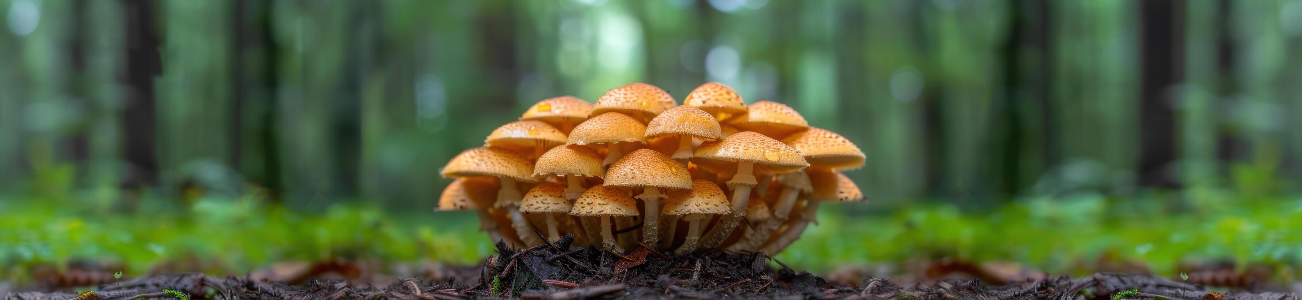 Cluster of orange mushrooms in a forest photo