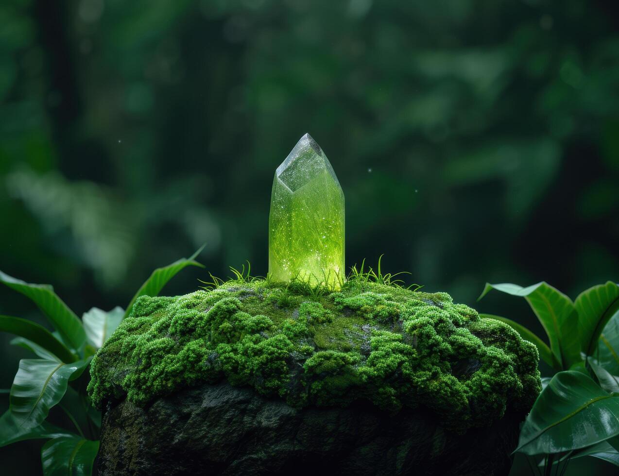 Glowing green crystal on moss covered rock photo