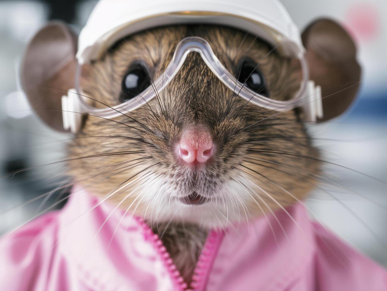 Cute rodent wearing protective goggles and pink jacket photo