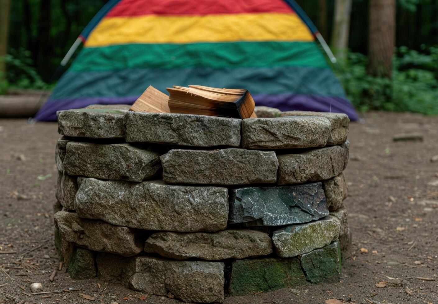Books on a stone bench in front of a colorful flag photo