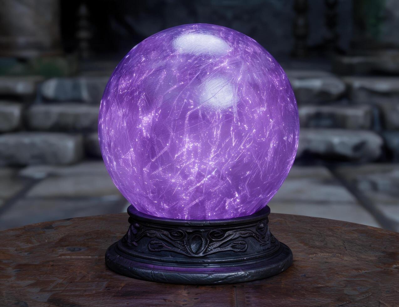 Glowing purple crystal ball on ornate stand photo