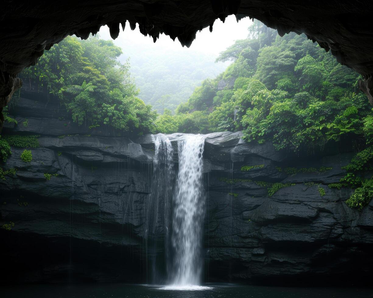 Lush green waterfall in a cave photo