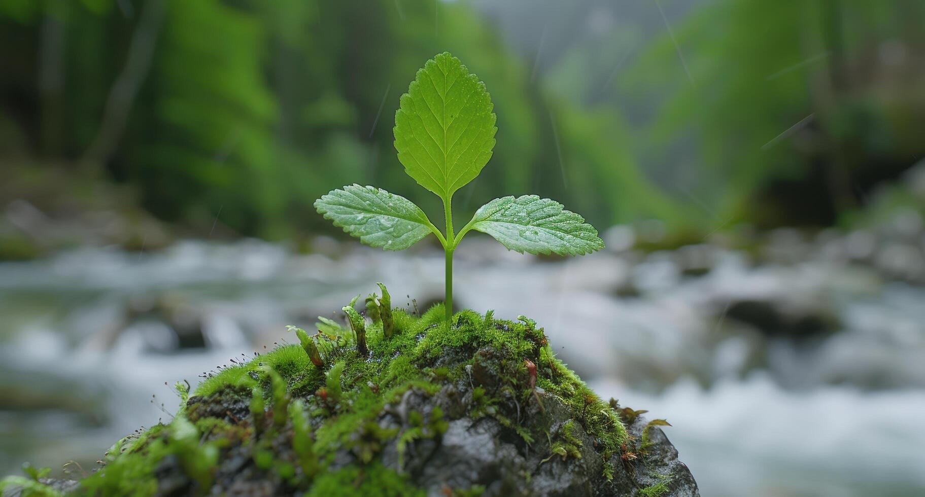 Lush green plant growing on moss covered rock photo