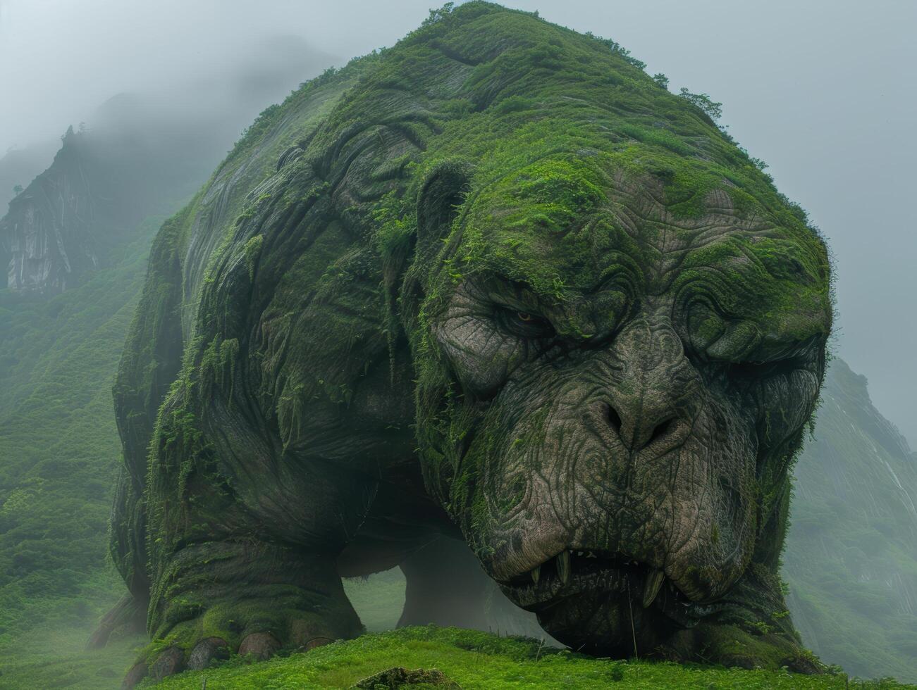 Massive moss covered stone creature in misty mountain landscape photo