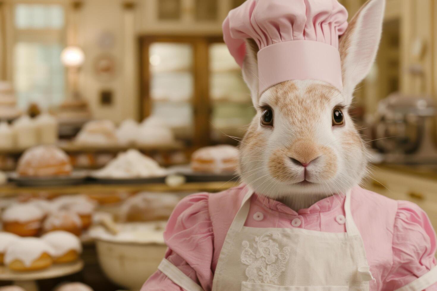 Cute rabbit chef in pink apron and hat photo