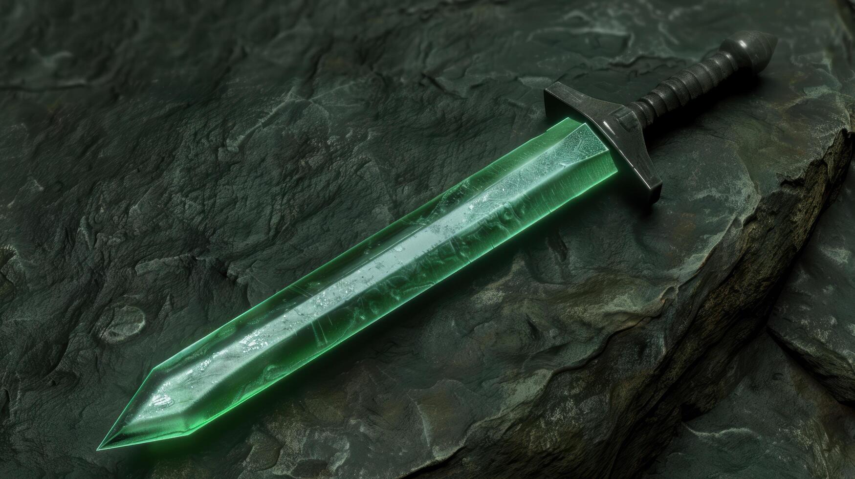 Glowing green crystal dagger on dark slate background photo