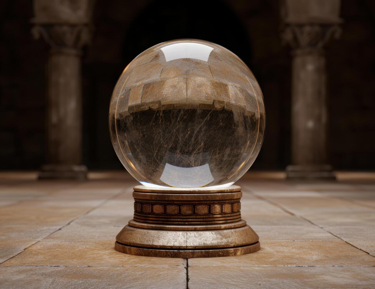Mysterious crystal ball on wooden floor photo