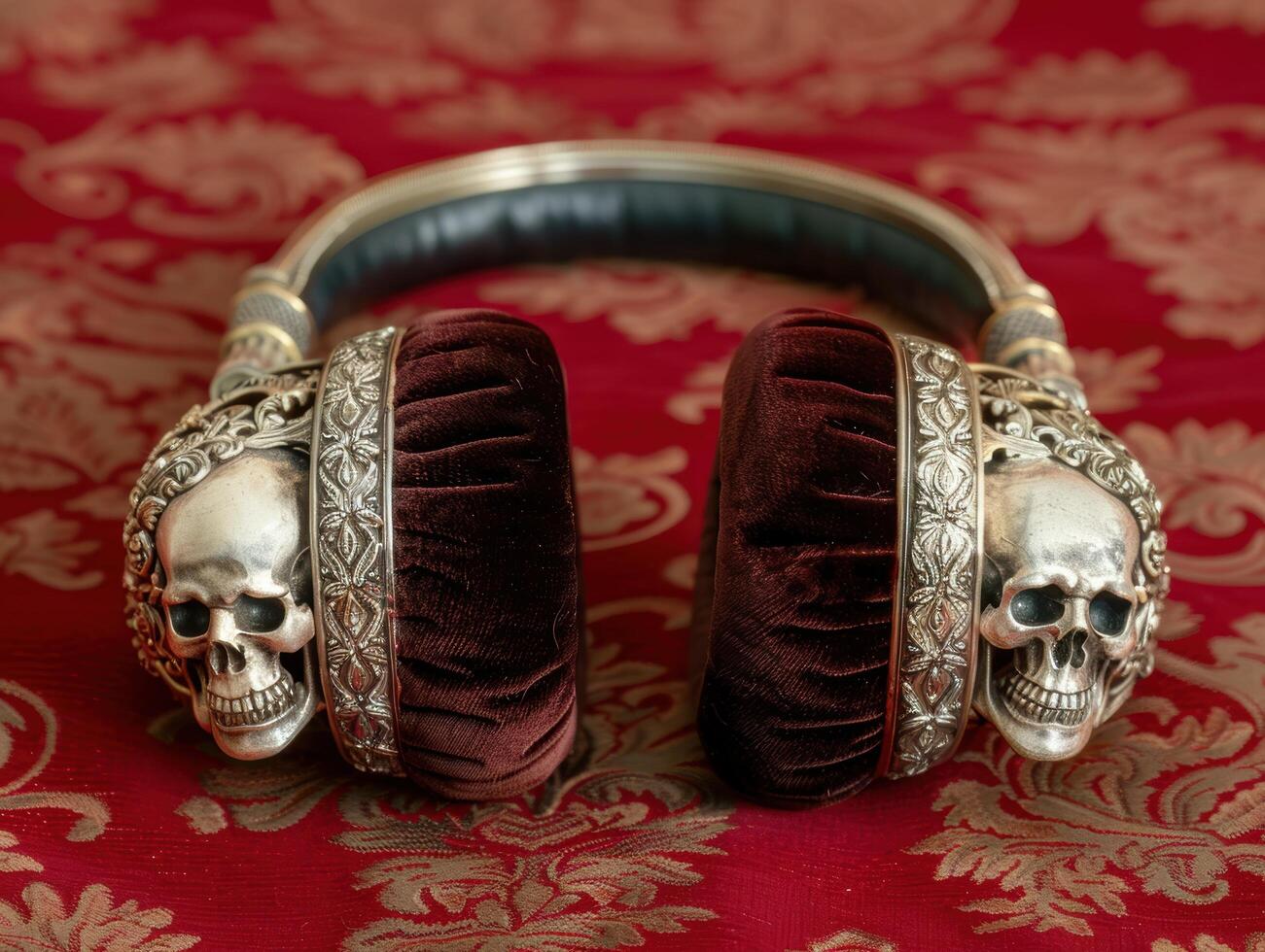 Ornate skull headphones on red patterned background photo