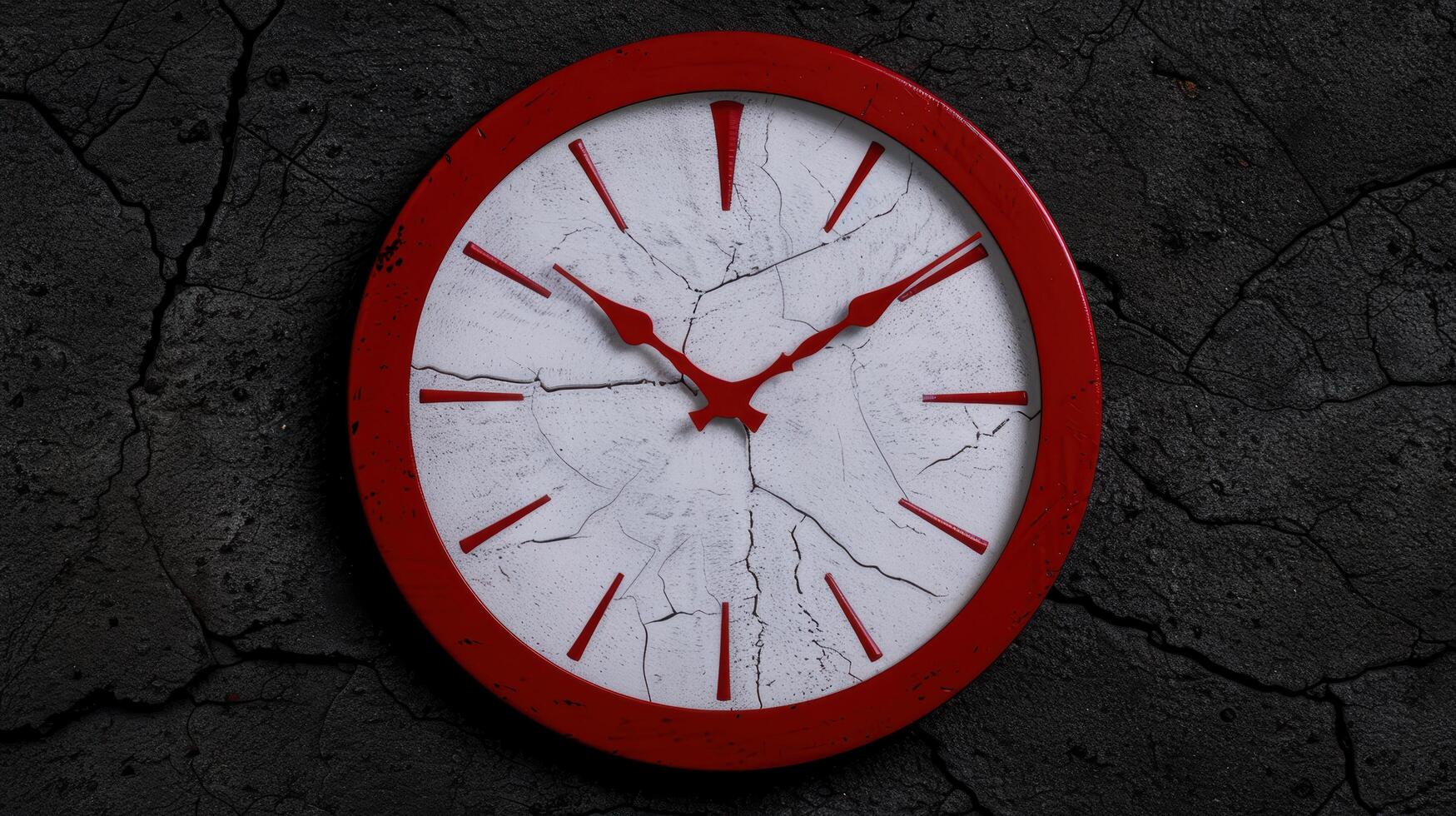 cracked red and white clock face on dark background photo
