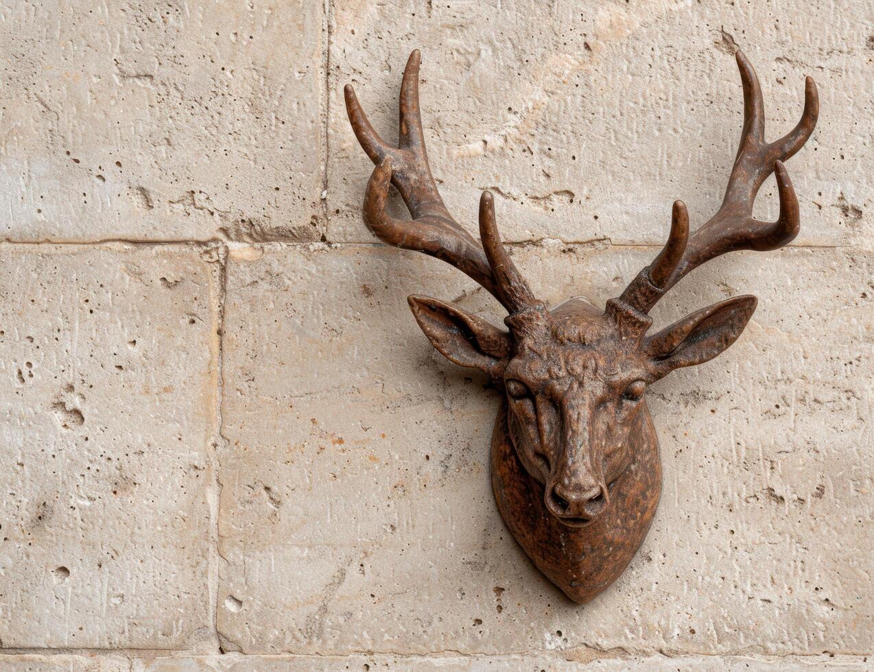 Rustic deer head mounted on a stone wall photo