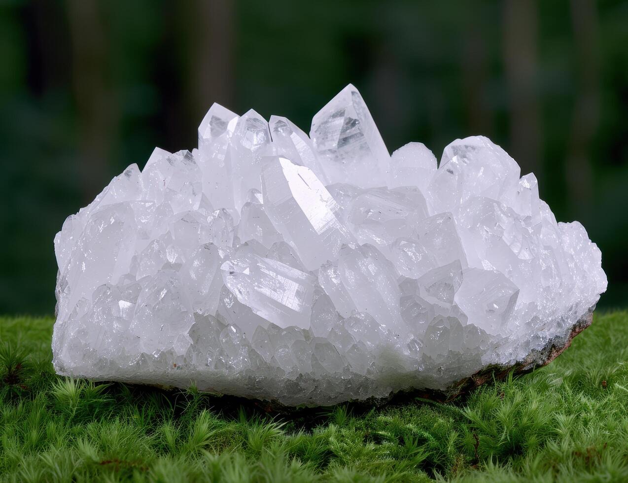 Sparkling quartz crystal cluster on mossy ground photo