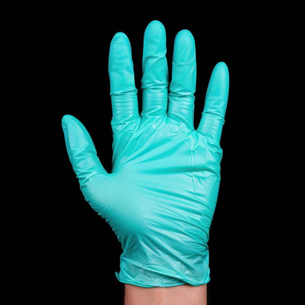 Teal medical glove on black background photo
