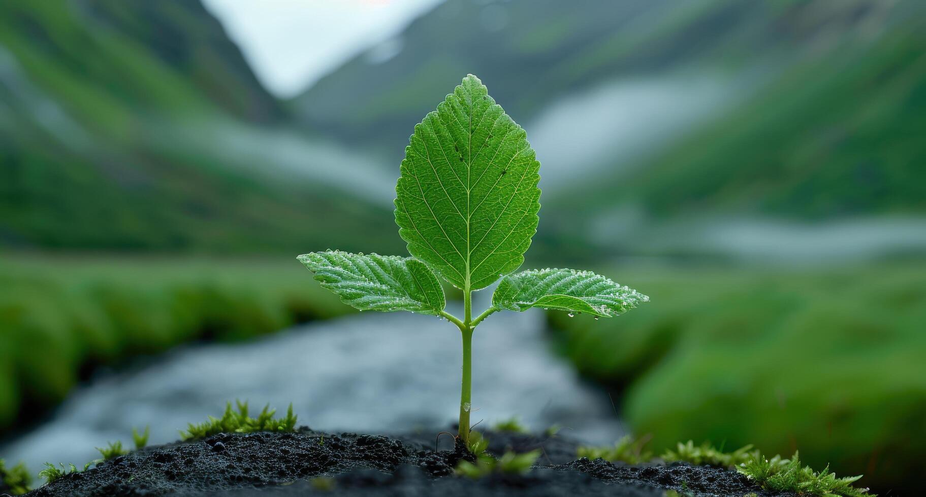 Vibrant green leaf emerging from soil photo