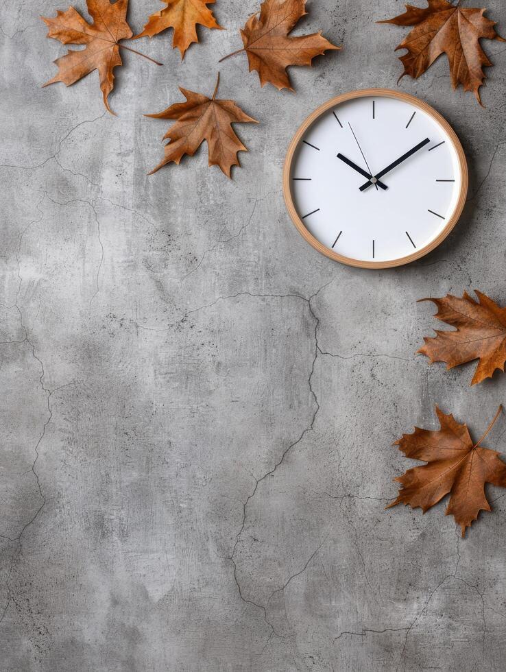 autumn leaves and clock on concrete background photo