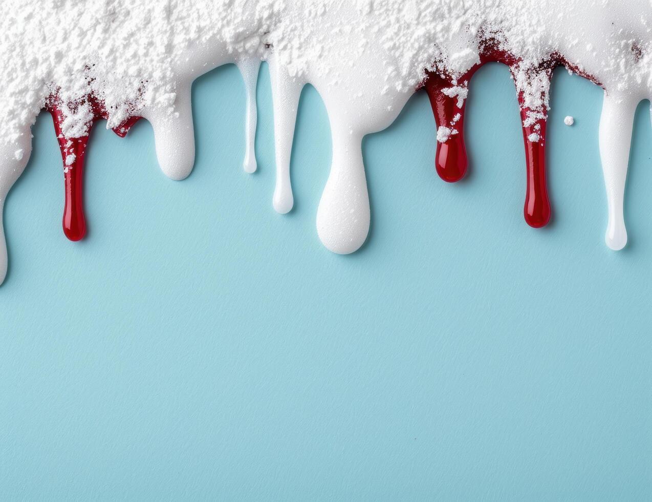 Dripping red paint on blue background photo