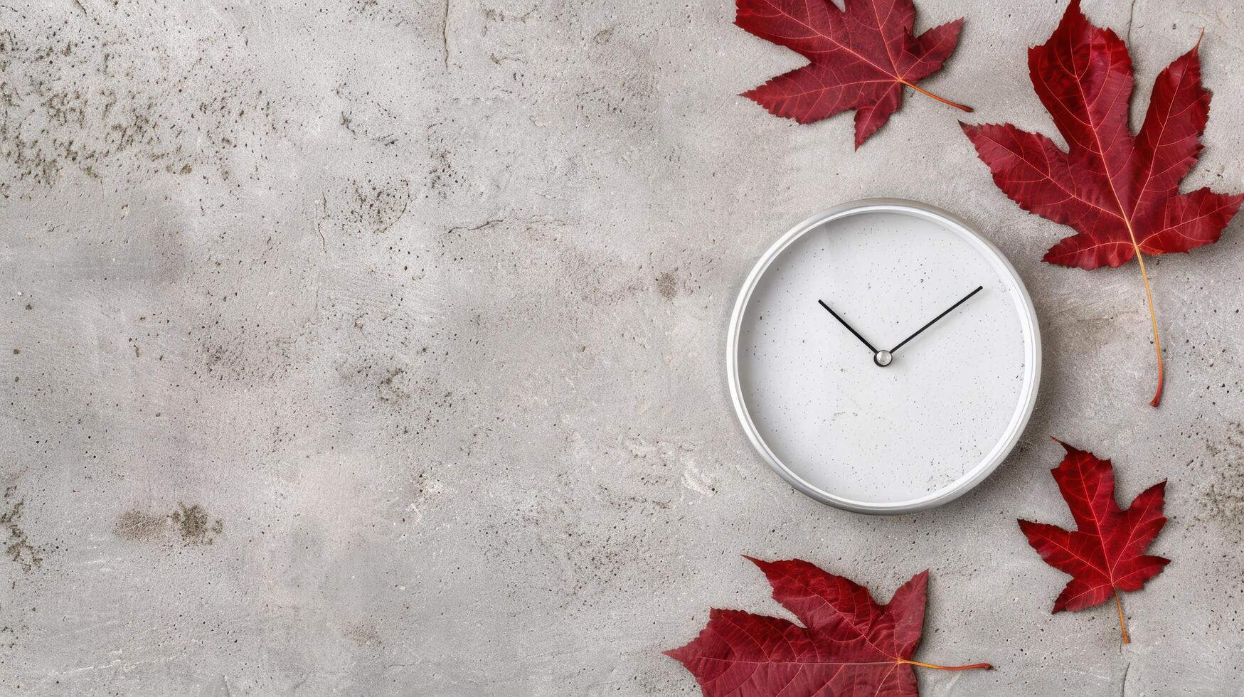 autumn leaves and clock on concrete background photo