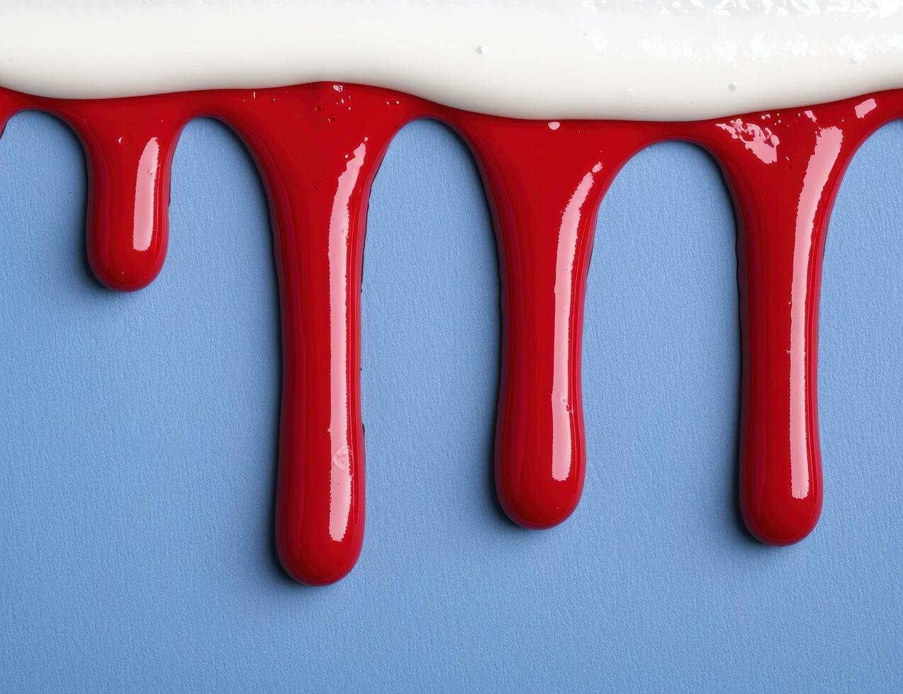 Dripping red paint on blue background photo