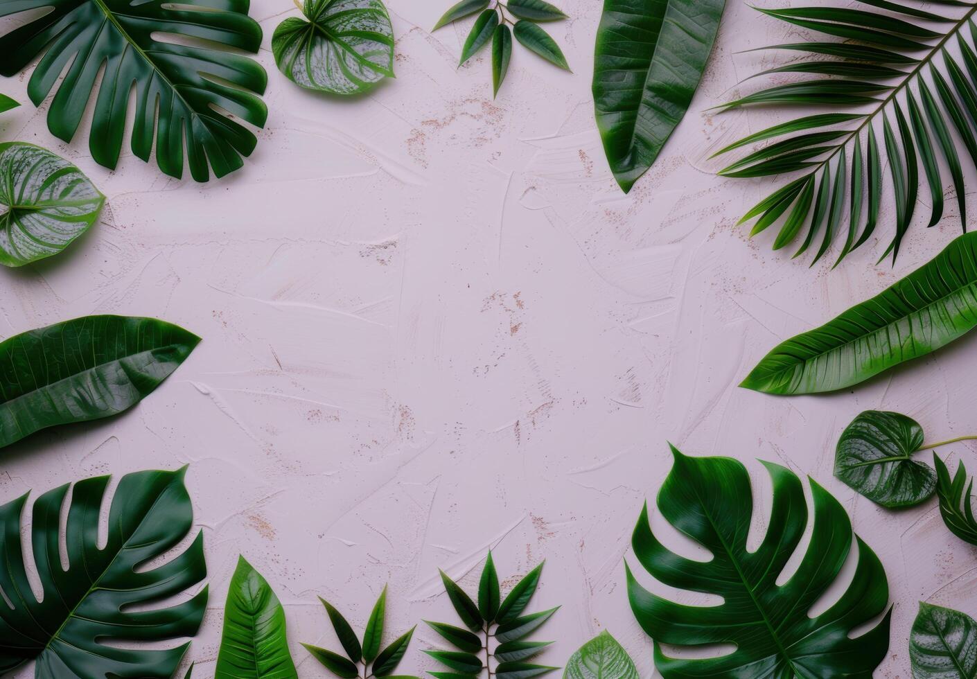 tropical leaves frame on pink background photo