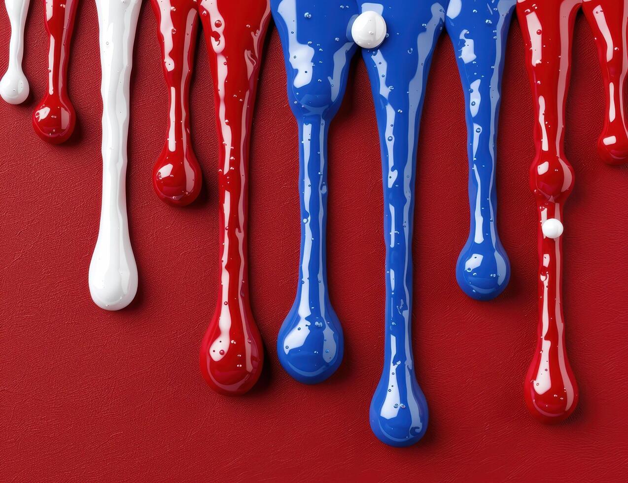 Vibrant red and blue paint drips on a red background photo