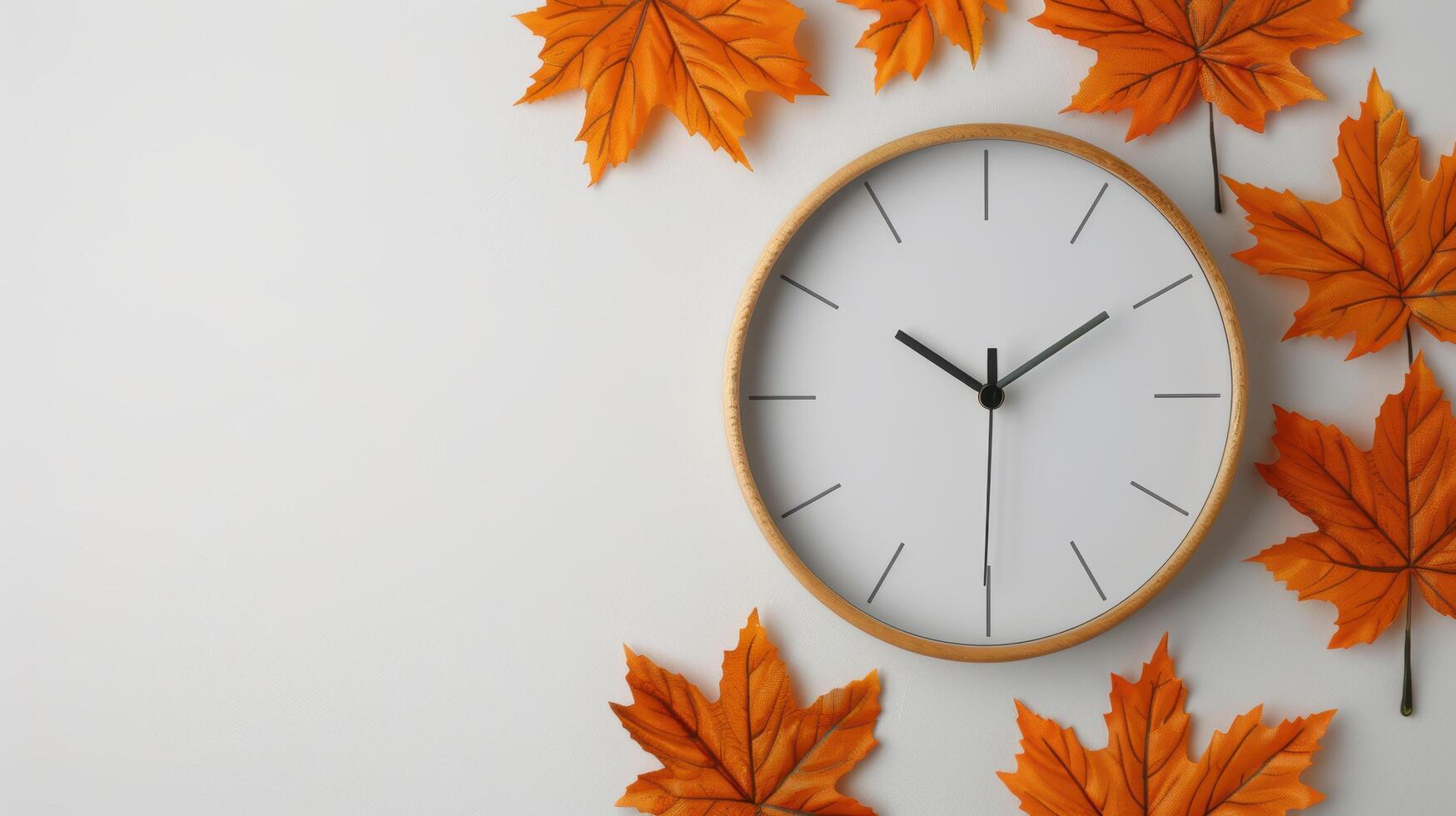 autumn leaves and clock on white background photo