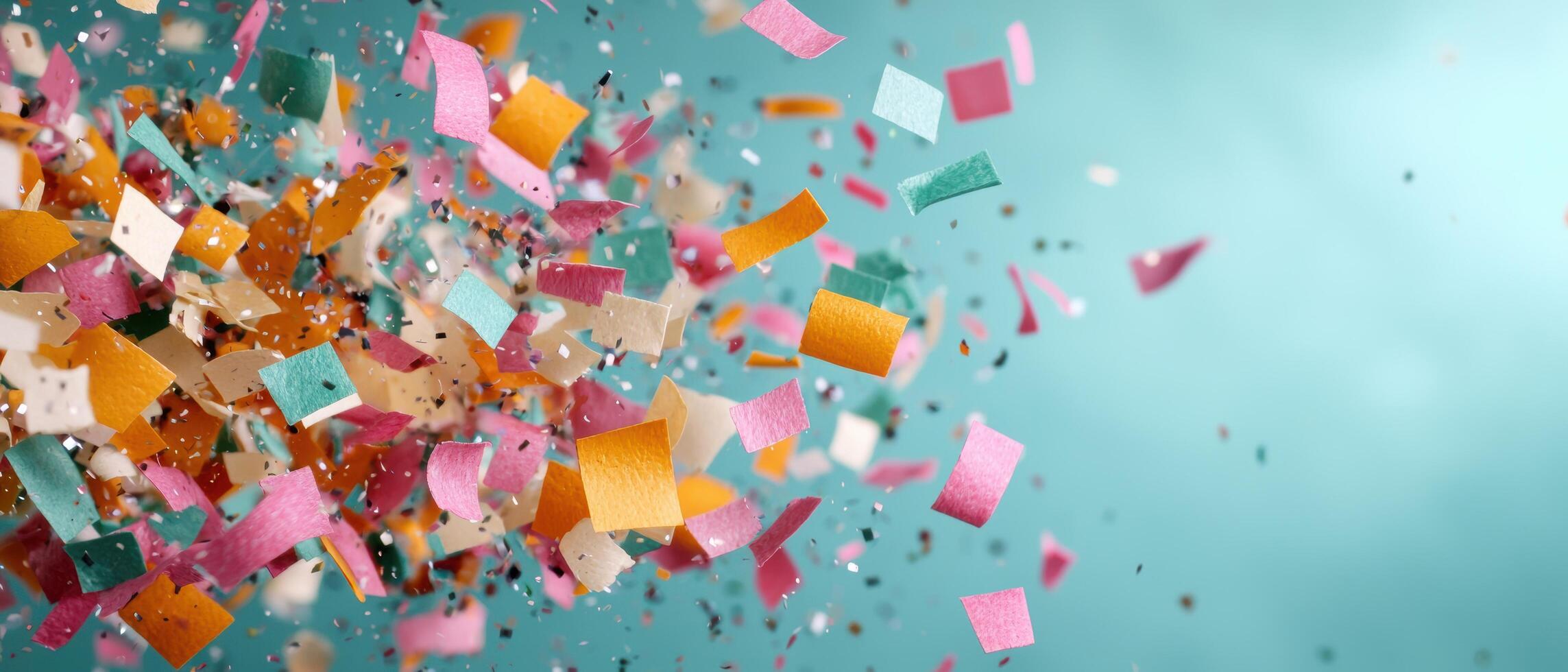 Colorful confetti explosion on teal background photo