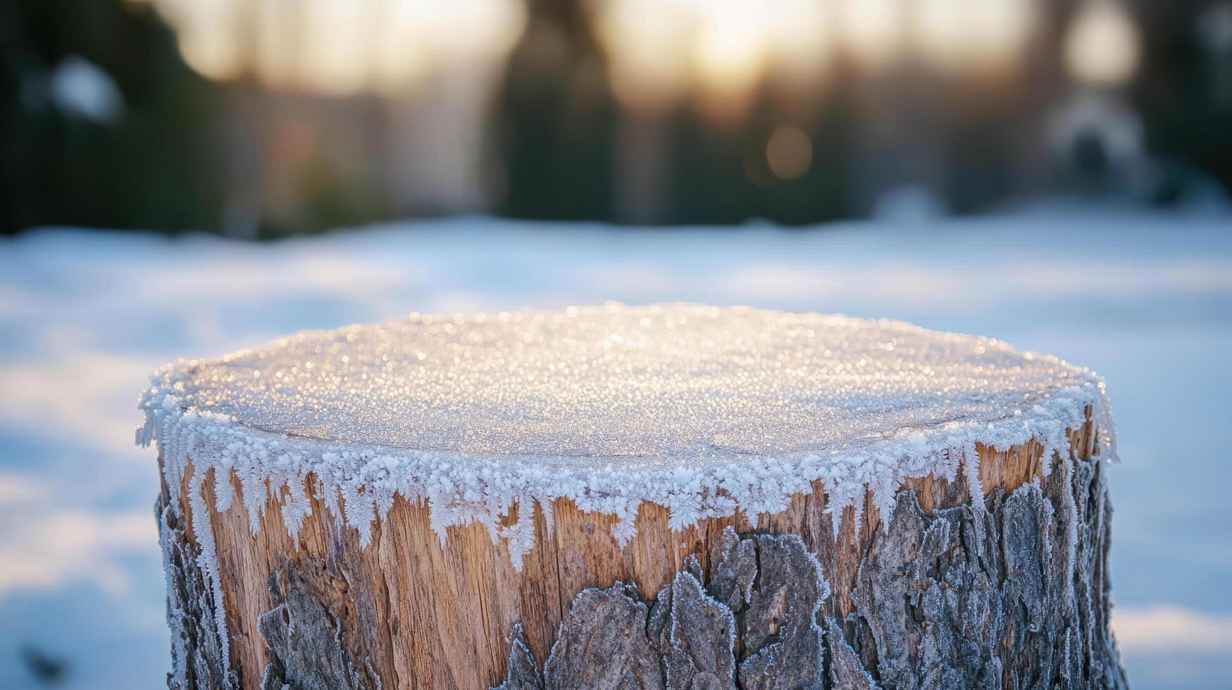 Frosty winter landscape with snow covered tree stump photo