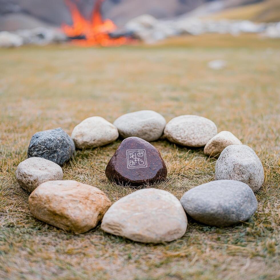 Zen stones in a field with a fire in the background photo