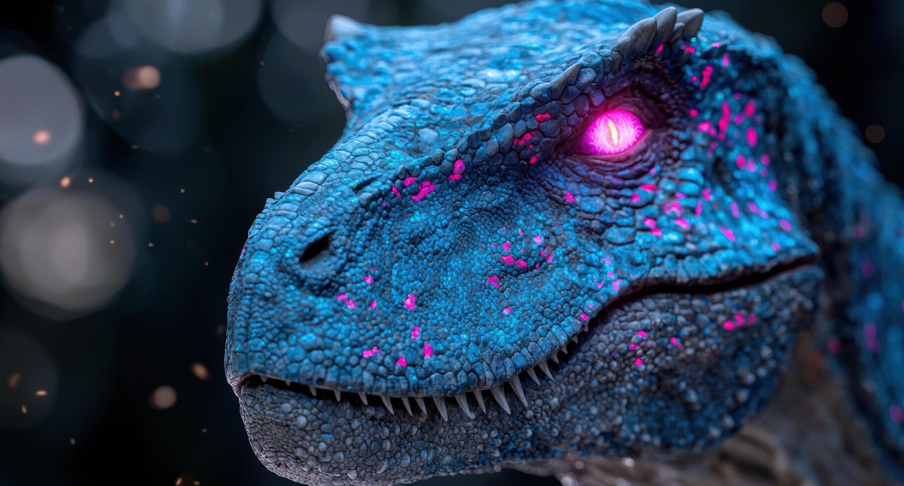 Closeup of a vibrant blue and pink lizard with glowing eyes photo