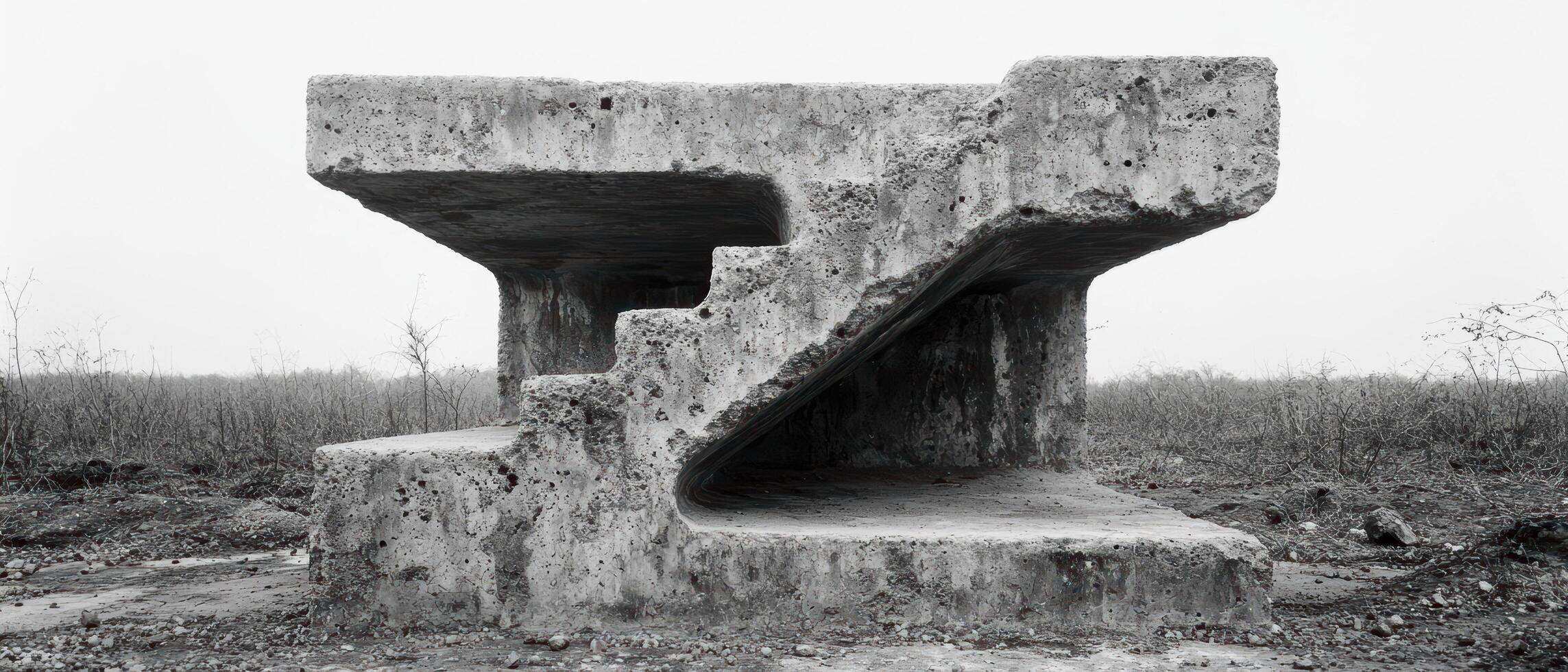 Abandoned concrete structure in a desolate landscape photo