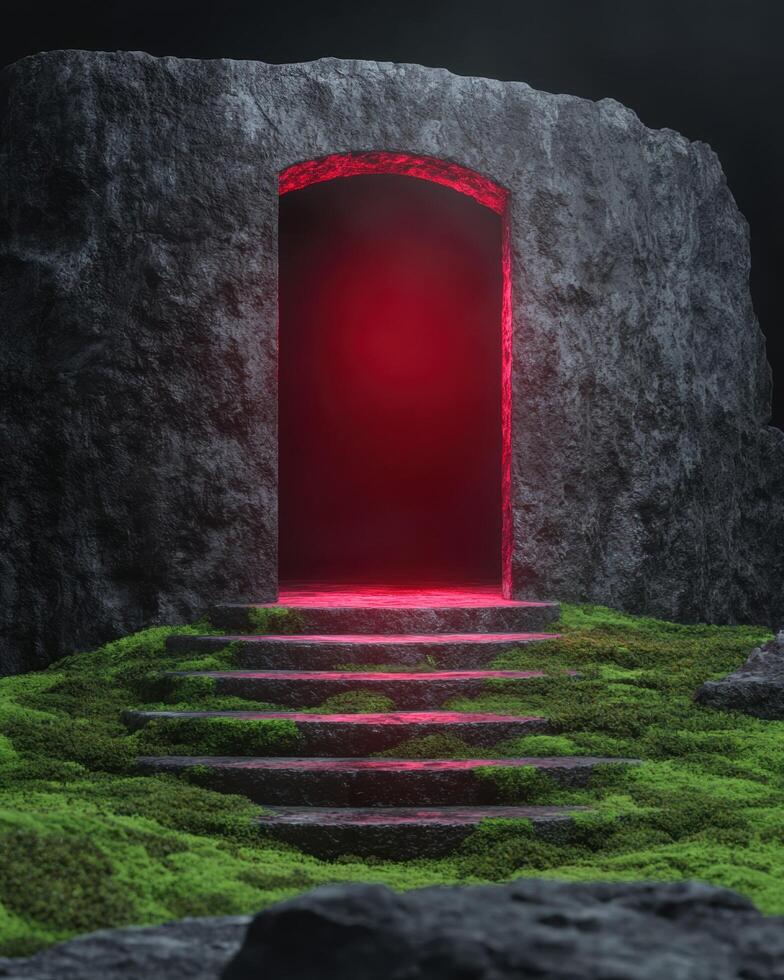 Mysterious red archway in rocky landscape photo
