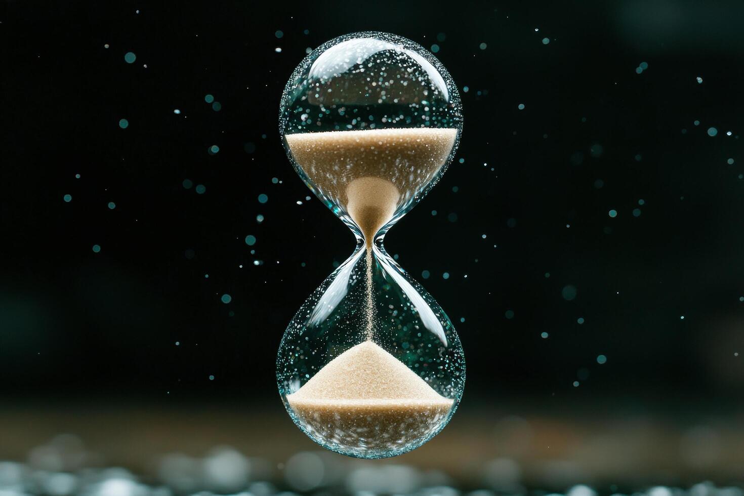 Hourglass with falling sand and glowing particles photo