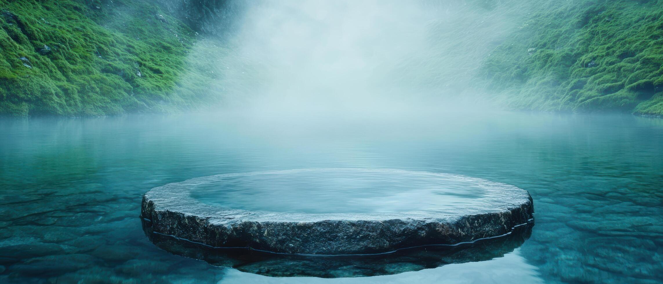 Serene misty lake surrounded by lush green forest photo