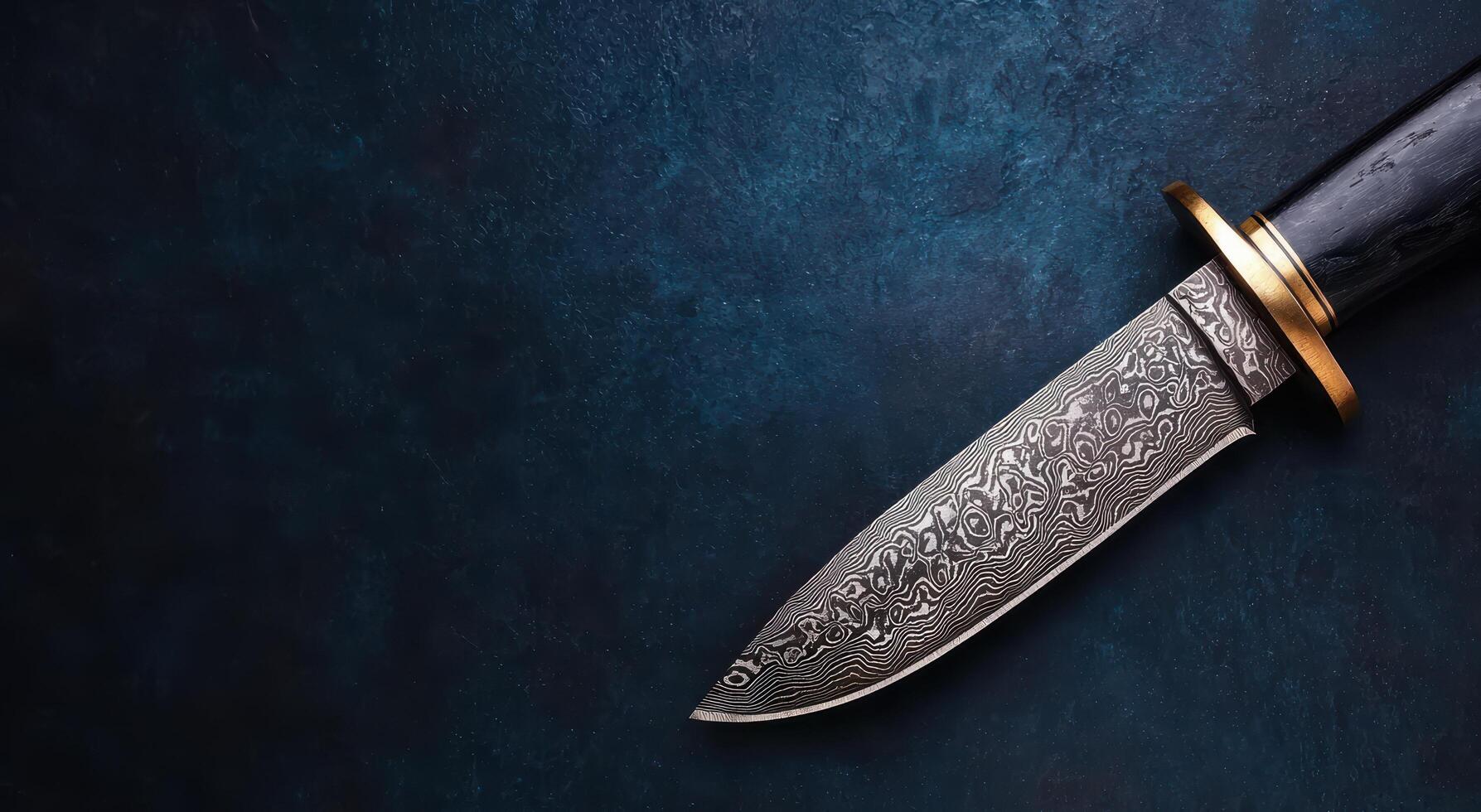 Handcrafted damascus steel hunting knife on dark background photo