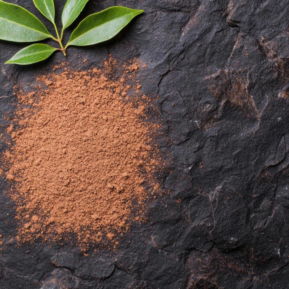 Spice and herb powder on dark slate background photo