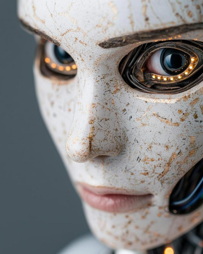 close up of a futuristic robot face with glowing eyes photo