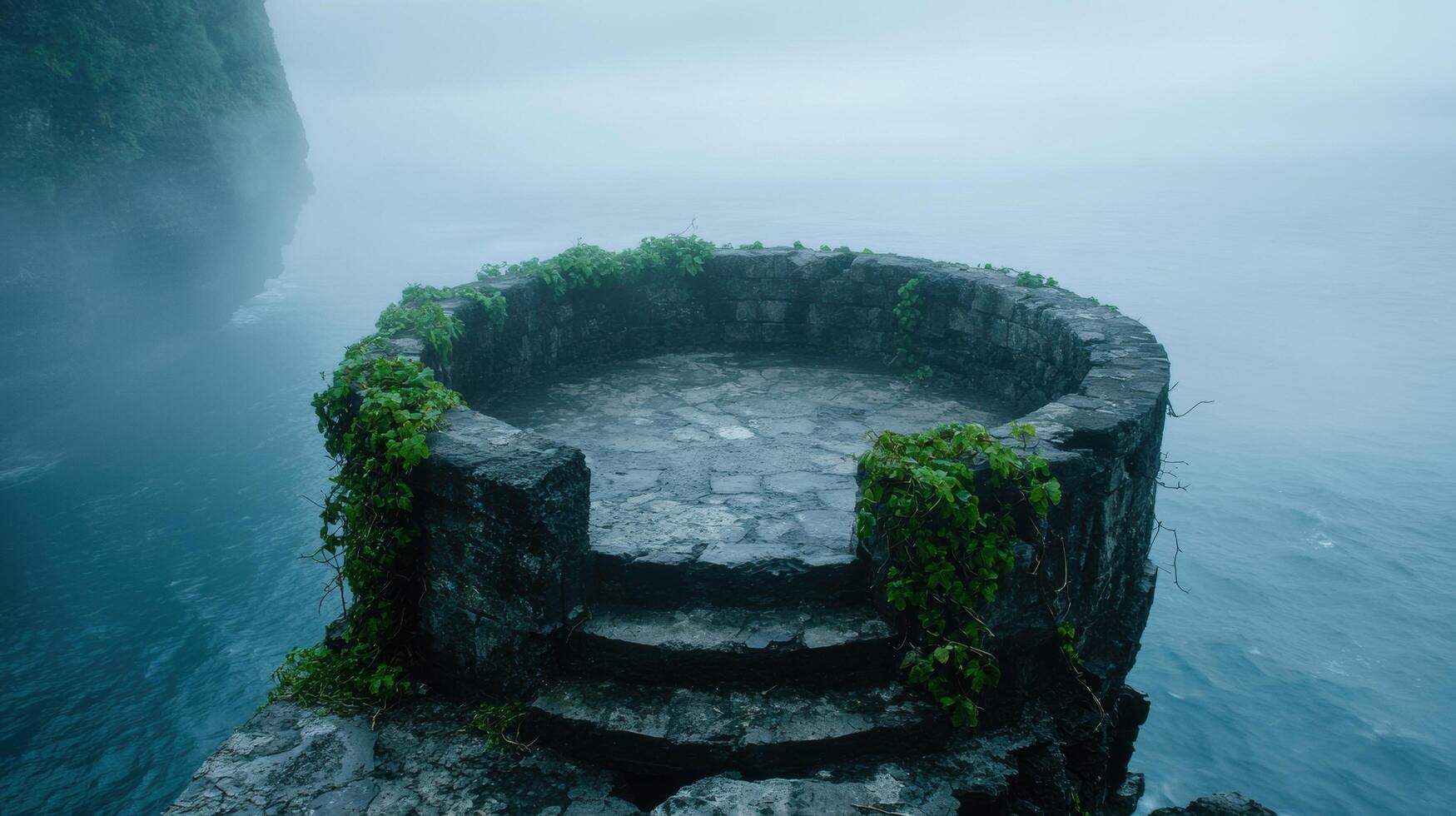 Mysterious stone pool surrounded by lush greenery photo