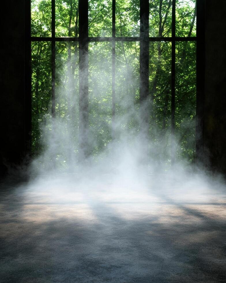 Misty forest scene with sunbeams shining through the trees photo