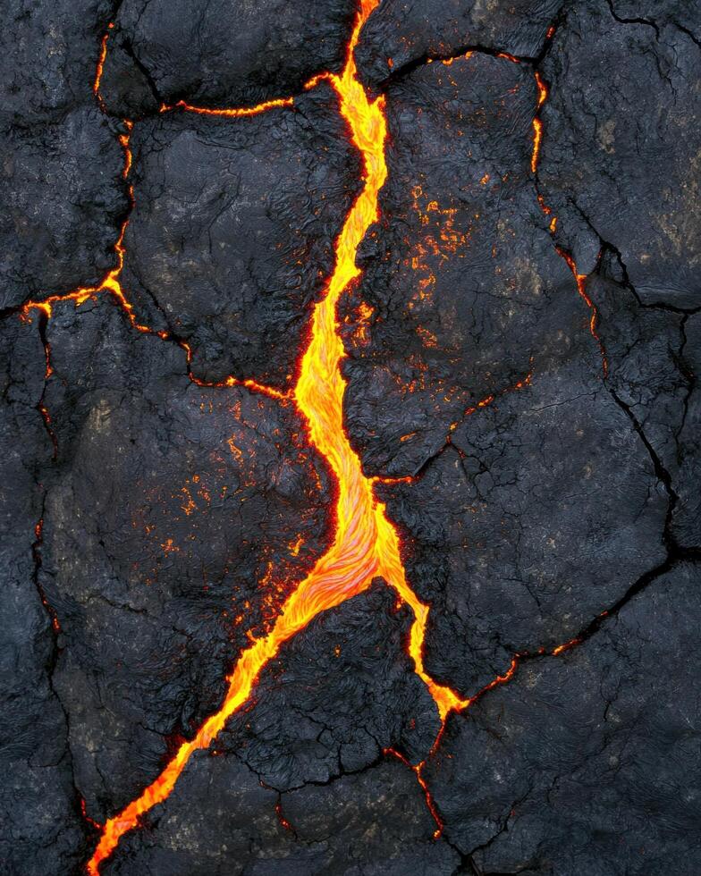Fiery molten lava flowing through cracked rock photo