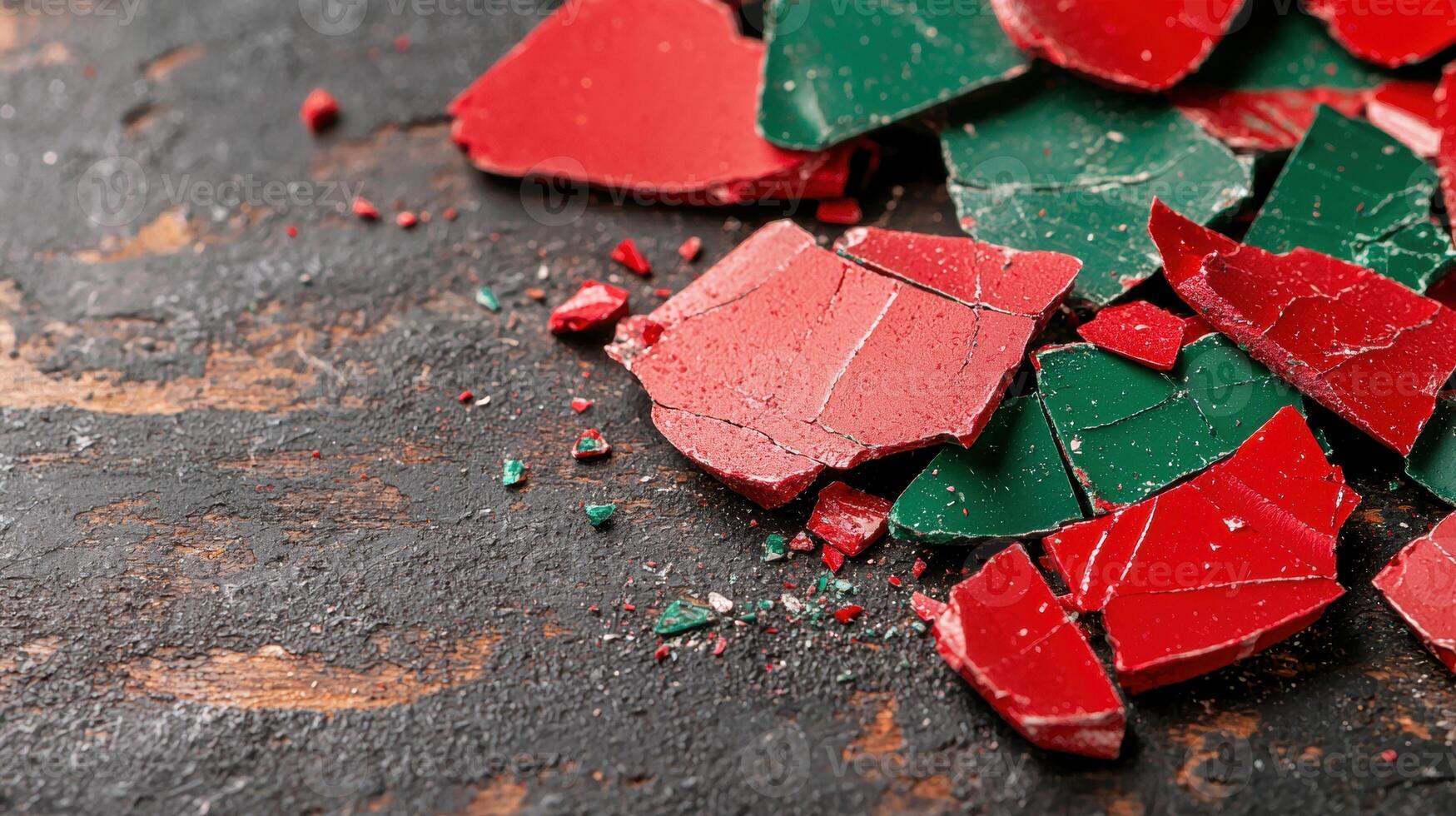 Broken red and green glass shards on a dark surface photo