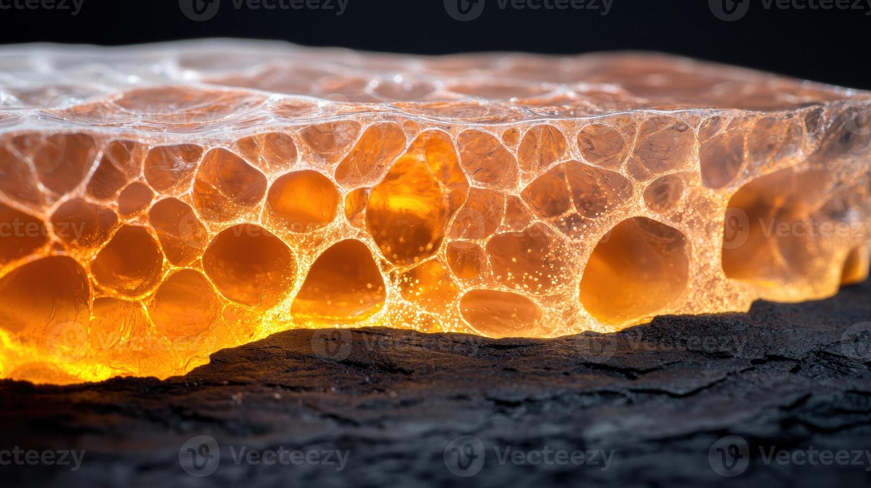 Closeup of a honeycomb structure with golden honey photo