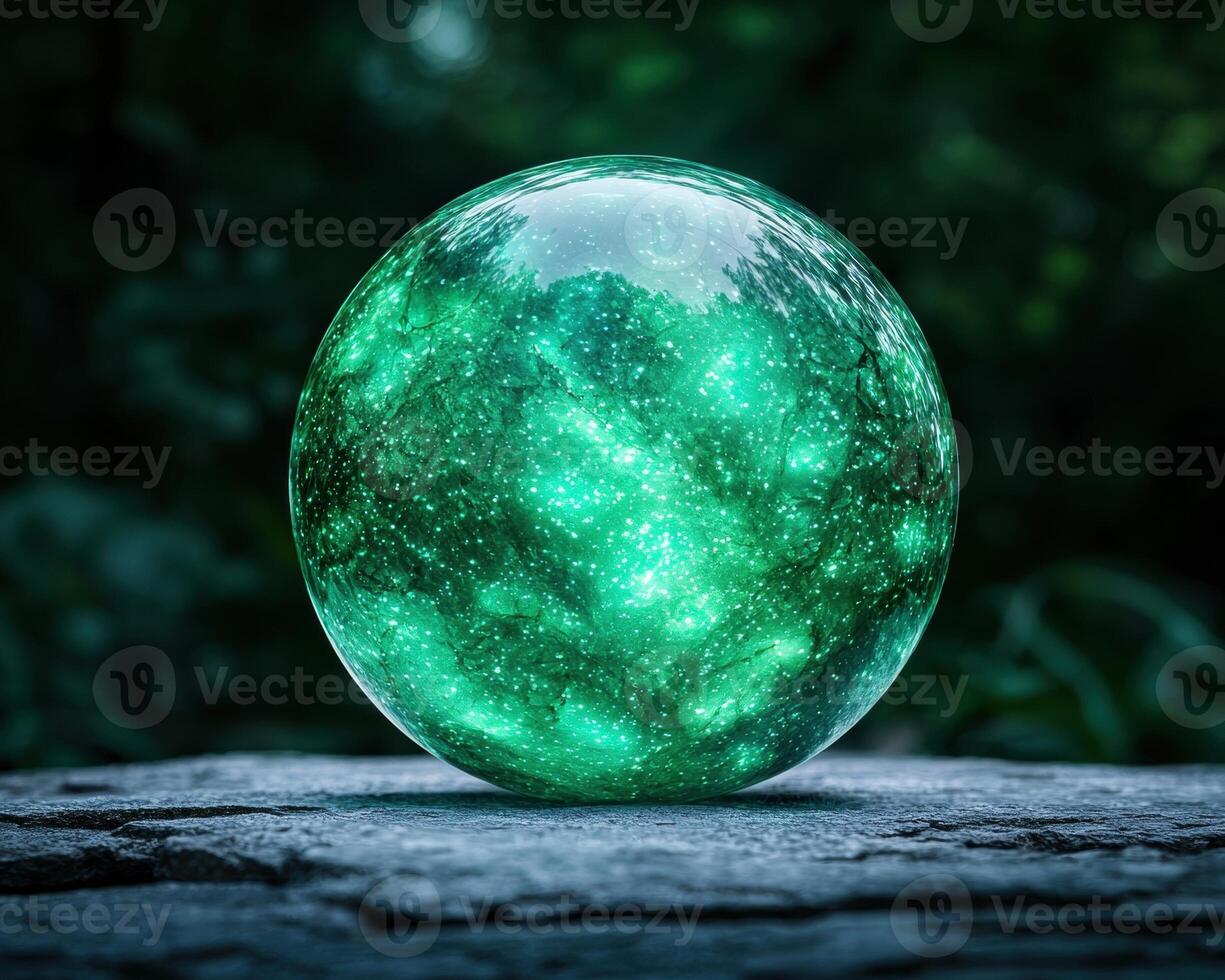 Glowing green crystal ball in dark forest photo