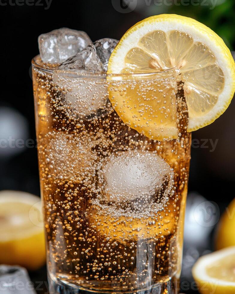 refreshing lemon soda with ice cubes photo