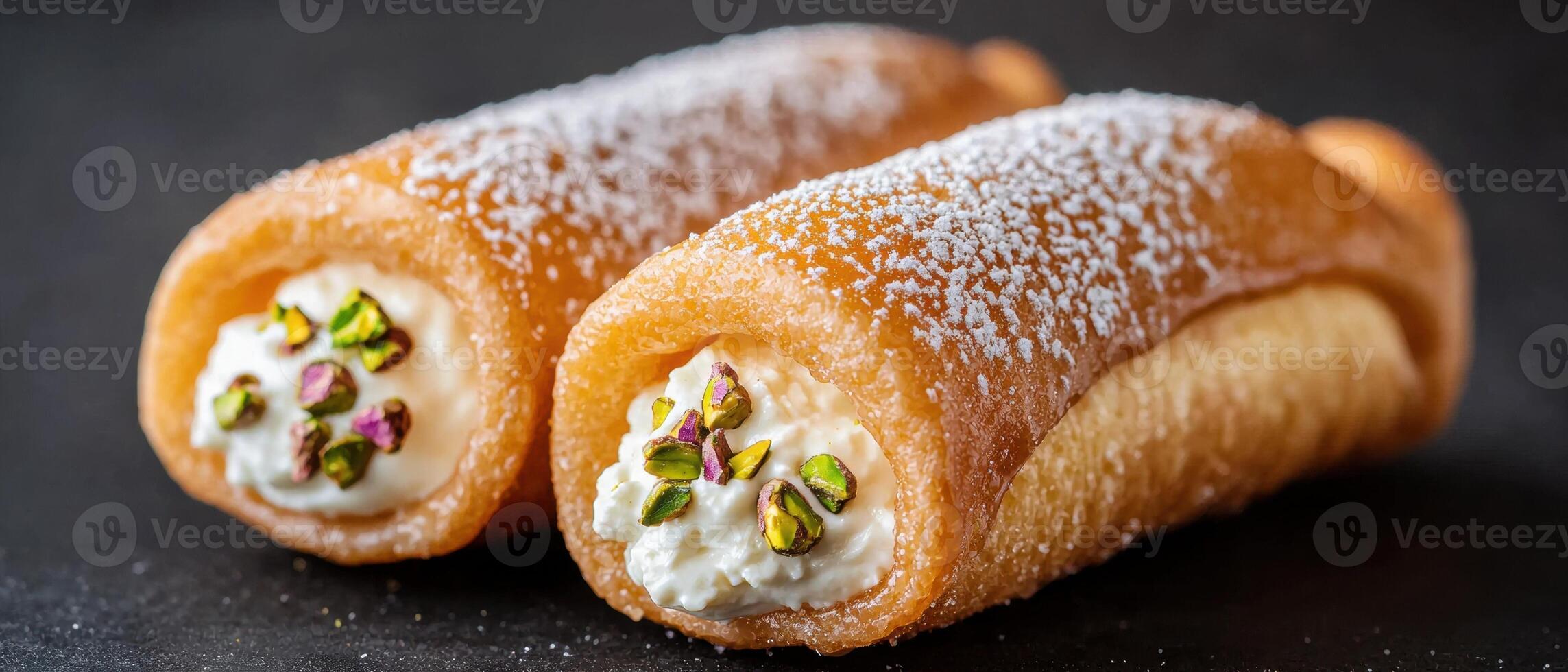 Delicious cannoli pastries filled with creamy ricotta and garnished with pistachio nuts photo