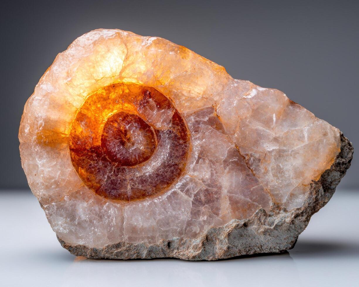 Ammonite fossil embedded in quartz crystal rock photo