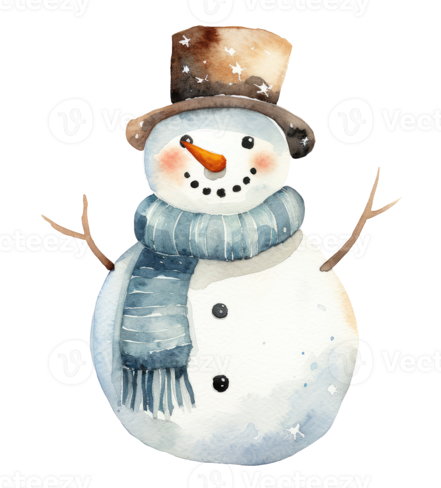 Watercolor illustration of a snowman with hat and scarf isolated on transparent background png