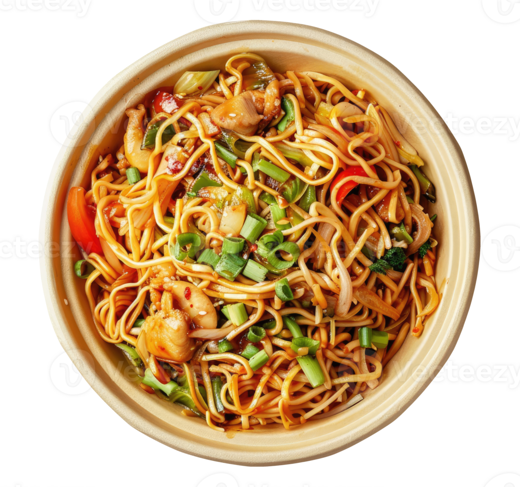 Wok noodles in a round disposable bowl isolated on transparent background png