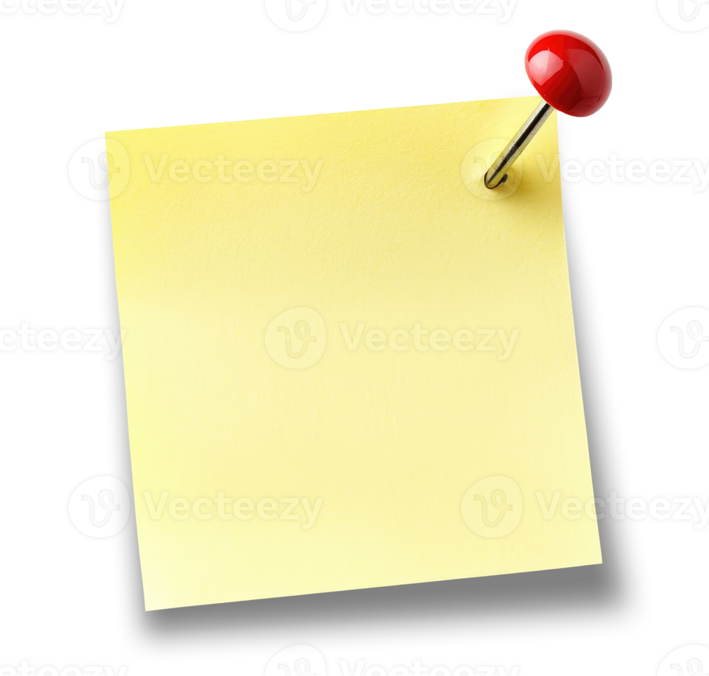 Yellow paper note with push pin isolated on transparent background png